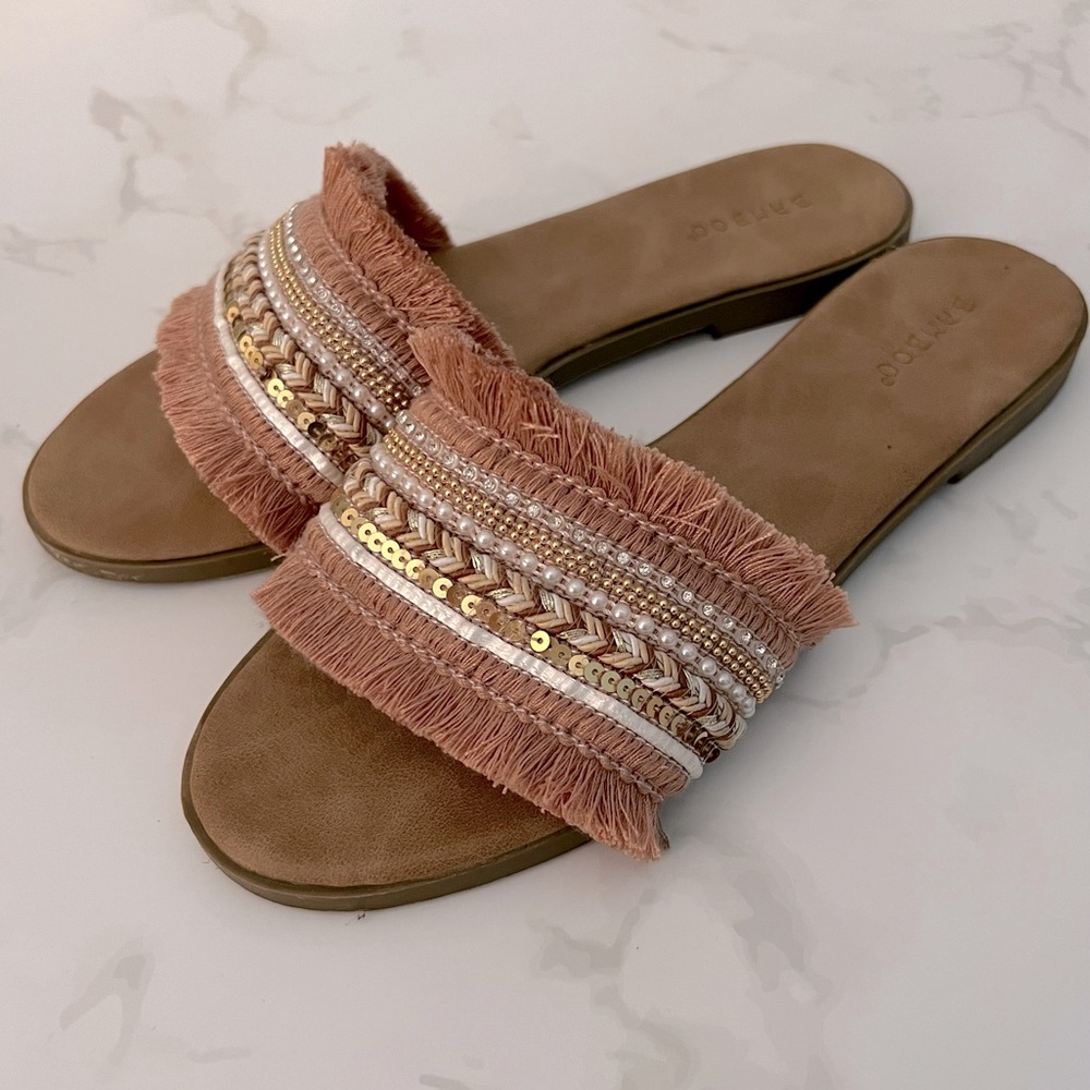 Like New Pink Fringe Pearl Sequin Boho Slide Sandals - Picture 2 of 10
